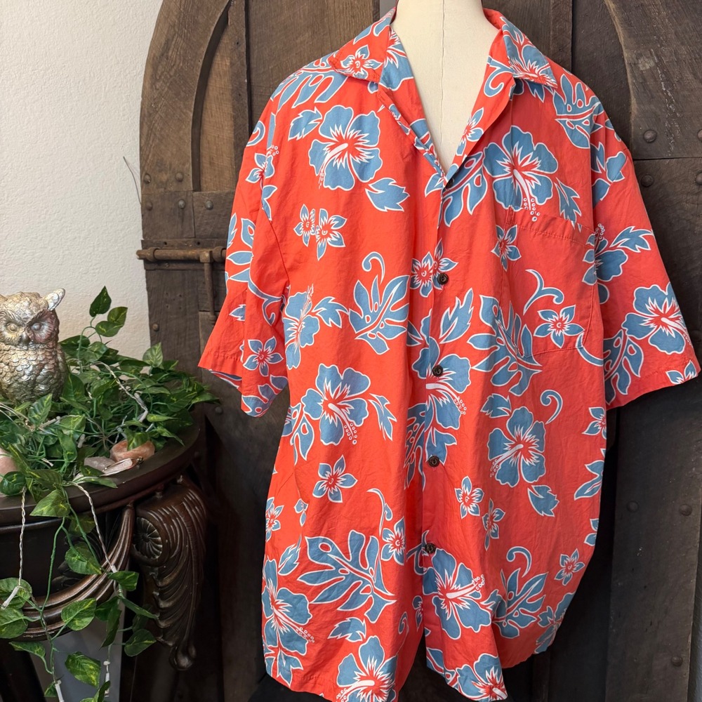 AlohaWear Floral Hibiscus Button Down Shirt XXL Coral Blue Tropical Beach